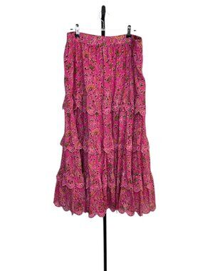 Caroline Constas Embroidered Tiered Boho Skirt, Floral, Leg Slit, Cottagcore, L